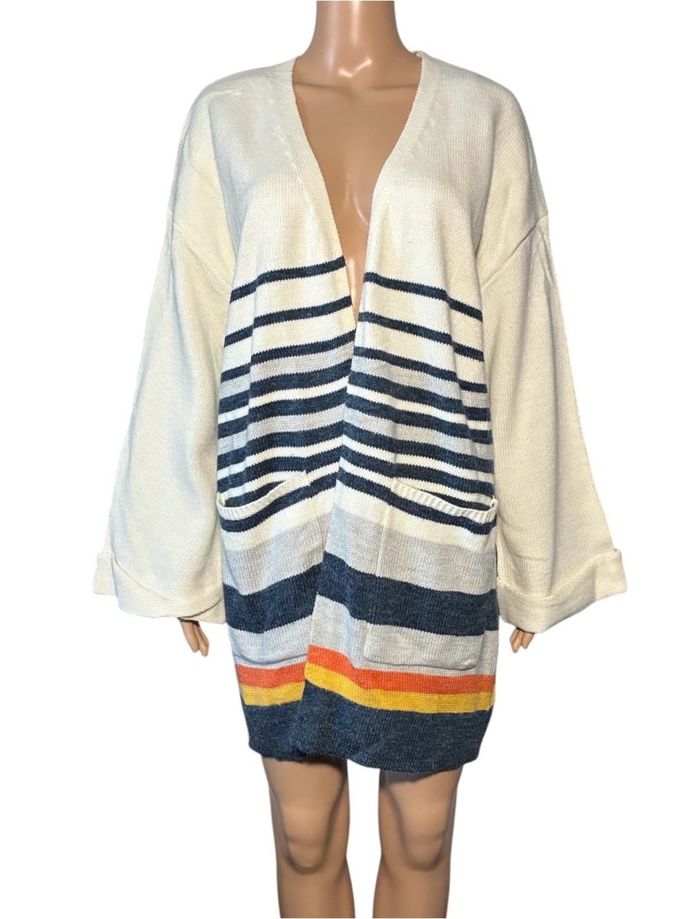 Main Strip Women's Cardigan SizeL Striped Long Flare Sleeve Pockets Acrylic Knit